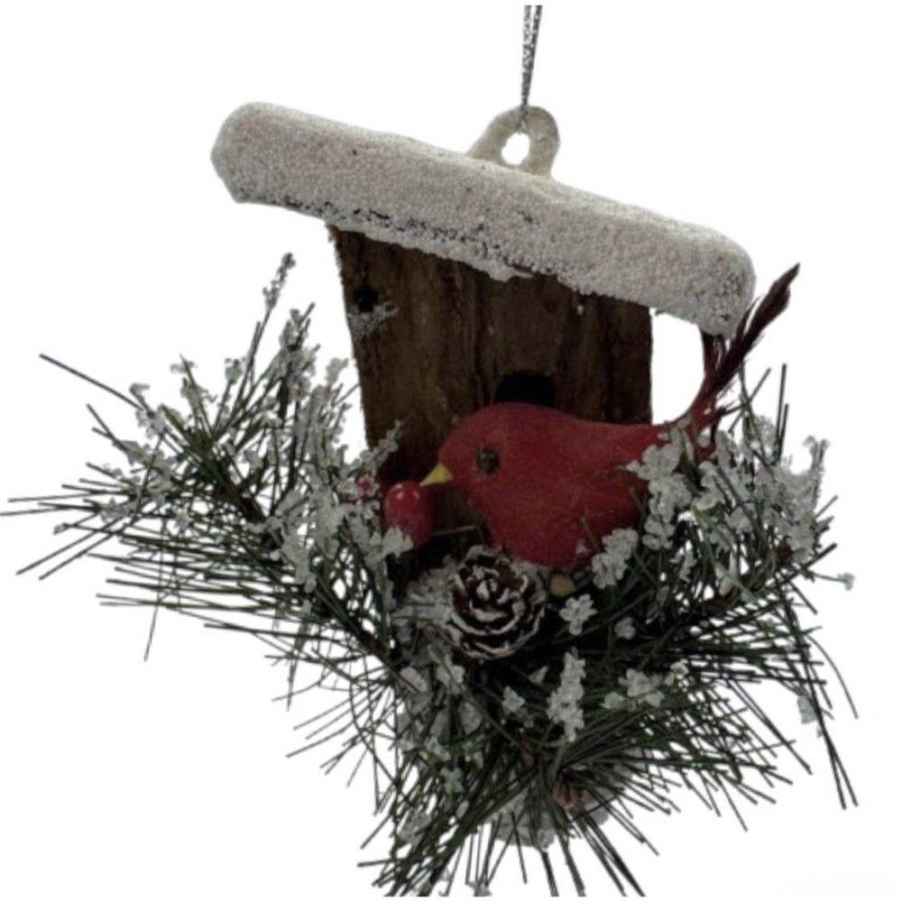 Rustic Red Cardinal Birdhouse Ornament Pinecones Snowy Pine Farmhouse Christmas